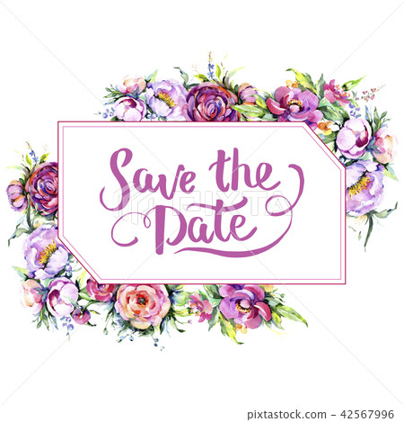 Watercolor bouquet pink peony flowes. Floral botanical flower. Frame border ornament square. Watercolor bouquet pink peony flowes. Floral botanical flower. Frame border ornament square. 42567996