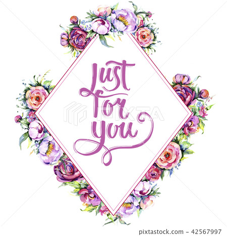 Watercolor bouquet pink peony flowes. Floral botanical flower. Frame border ornament square. 42567997