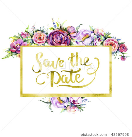 Watercolor bouquet pink peony flowes. Floral botanical flower. Frame border ornament square. Watercolor bouquet pink peony flowes. Floral botanical flower. Frame border ornament square. 42567998