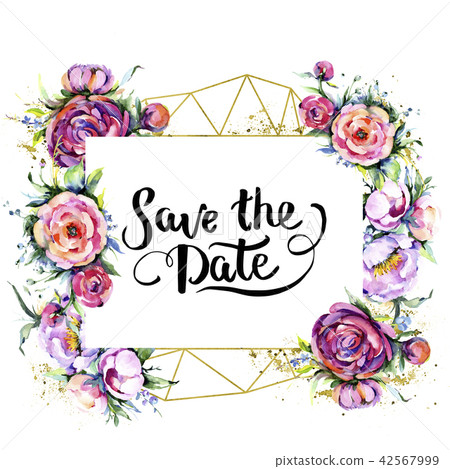 Watercolor bouquet pink peony flowes. Floral botanical flower. Frame border ornament square. Watercolor bouquet pink peony flowes. Floral botanical flower. Frame border ornament square. 42567999