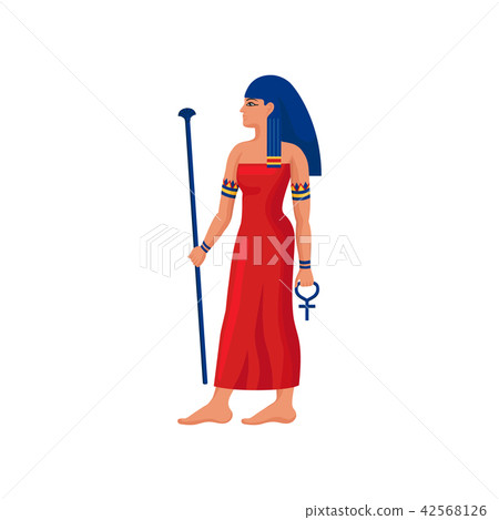 Beautiful Egyptian woman with scepter and Ankh cross. Cartoon female character with blue hair in 42568126