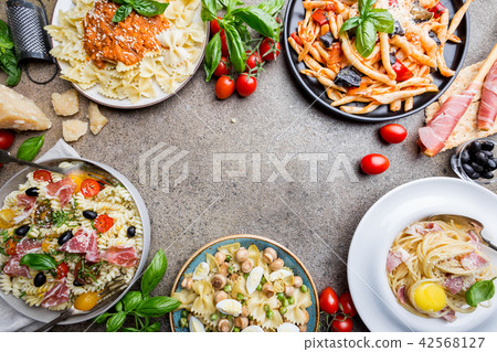 Pasta with different kinds of sauce 42568127