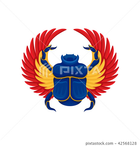 Flat vector icon of blue scarab beetle with yellow-orange wings. Ancient sacred insect. Symbol of 42568128