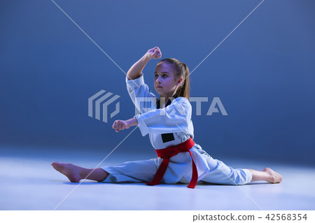 Young girl training karate on blue background Young girl training karate on blue background 42568354