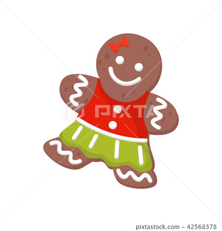 Flat vector icon of Christmas gingerbread woman decorated with colored icing. Tasty holiday cookie 42568378