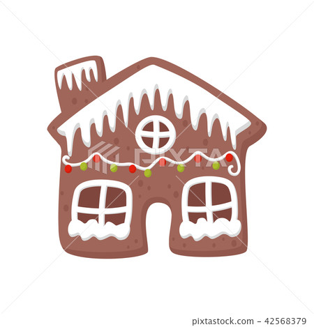 Gingerbread house decorated with white icing. Tasty holiday cookie. Christmas sweets. Flat vector 42568379