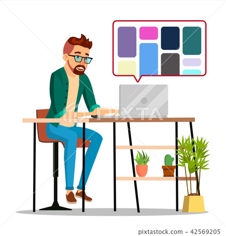Graphic Designer Working Vector. Man Searching For References On Popular Creative Web Site 42569205