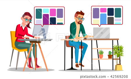 Graphic Designer At Work Vector. Man, Woman Searching For References On Popular Creative Web Site 42569208