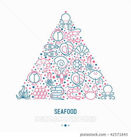 Seafood concept in triangle with thin line icons Seafood concept in triangle with thin line icons 42571845