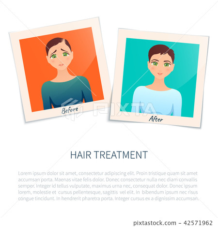 Photographs of a woman before and after hair treat 42571962