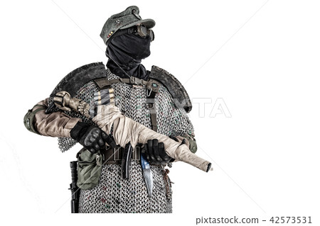 Post apocalyptic soldier aiming firearm weapon 42573531