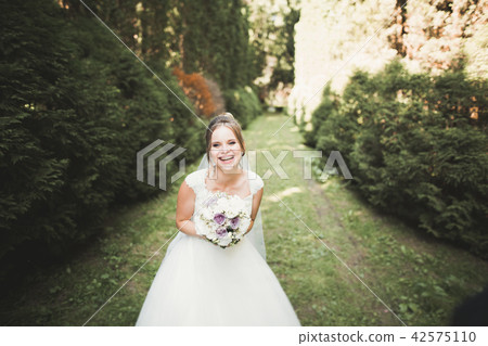 Romantic, fairytale, happy newlywed couple hugging and kissing in a park, trees in background 42575110
