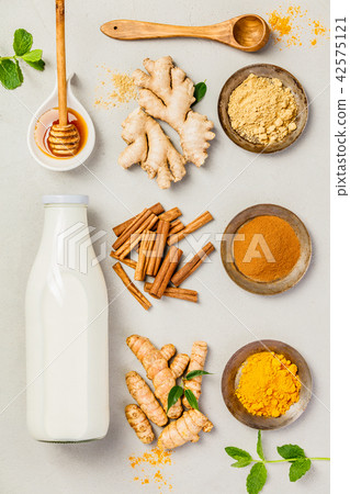 Ingredients  for healthy drinks - turmeric tea or golden turmeri 42575121