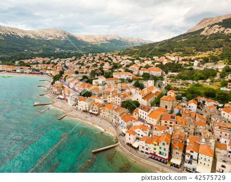 Aerial panoramic view of Baska town, popular touristic destination on island Krk, Croatia, Europe 42575729