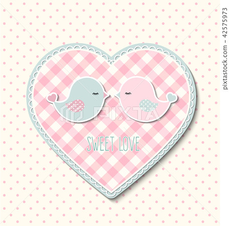 Pink heart with canvas texture and two cute birds 42575973