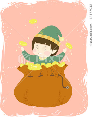 Kid Boy Elf Gold Bag Illustration 42577038