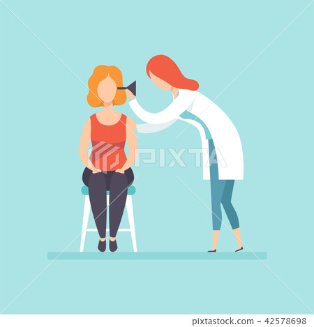 Otolaryngologist doctor examining female patient in clinic, medical treatment and healthcare concept 42578698