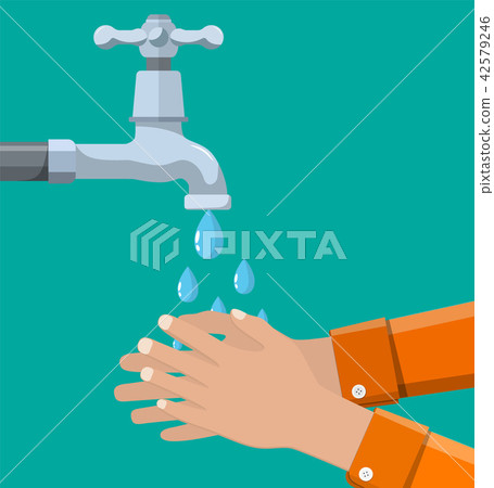 Hands under falling water out of tap. Hands under falling water out of tap. 42579246