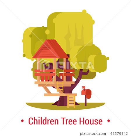 Wooden hut on tree for children activity. Wooden hut on tree for children activity. 42579542