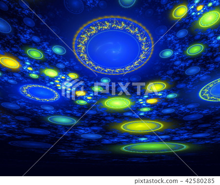 Mysterious cluster of flying in space glowing disc-shaped UFO in a dark deep space backcloth 42580285