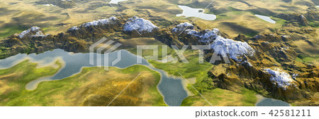 Bright and detailed panoramic aerial view: lake and mountain highland landscape (3D CG rendering digital illustration) Bright and detailed panoramic aerial view: lake and mountain highland landscape (3D CG rendering digital illustration) 42581211