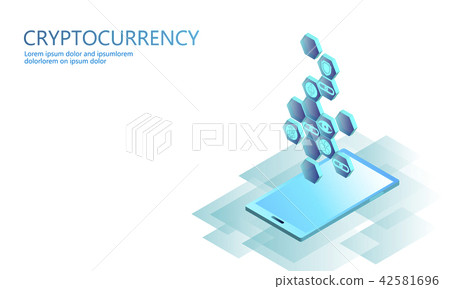 Isometric internet cryptocurrency coin business concept. Blue glowing isometric Bitcoin Ethereum Isometric internet cryptocurrency coin business concept. Blue glowing isometric Bitcoin Ethereum 42581696