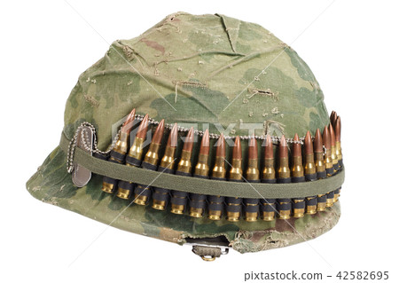 US Army helmet with camouflage cover and ammo belt US Army helmet with camouflage cover and ammo belt 42582695