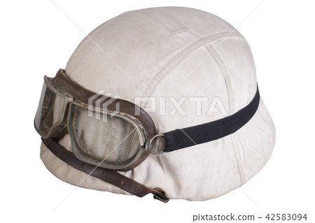 camouflaged nazi german helmet with protective goggles 42583094
