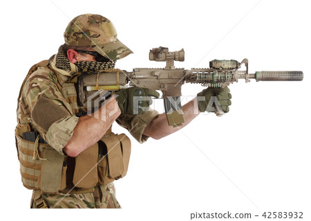 special forces operator with assault rifle on white background 42583932