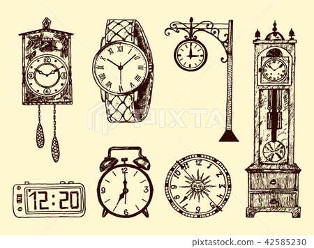 Vintage classic pocket watch, alarm clock, hourglass and dial showing time. Ancient collection 42585230