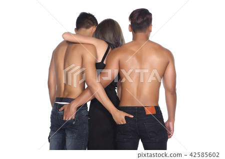 Back view of threesome love friends of two men and Back view of threesome love friends of two men and 42585602