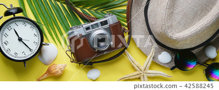 Alarm Clock, Sunglasses, Fedora Hat, Palm Leaf 42588245