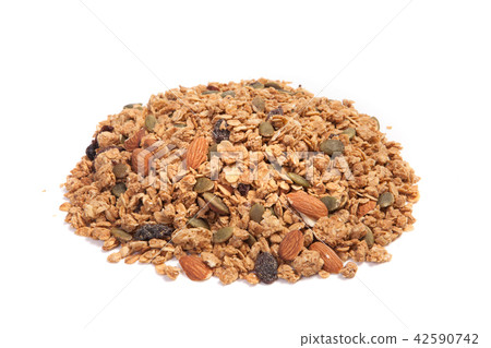 Close up pile Granola isolated on white 42590742