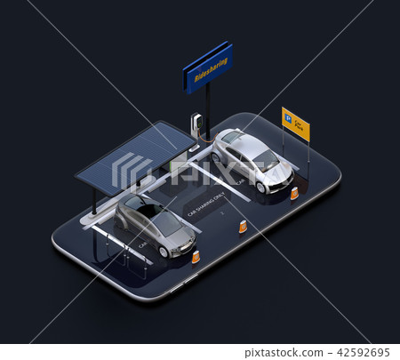 Solar panel on the smartphone, parking lot with charging facilities. Concept of car sharing 42592695