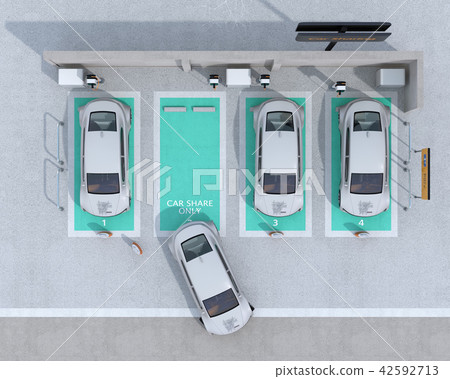電動汽車的鳥瞰圖充電汽車共享私人停車場 電動汽車的鳥瞰圖充電汽車共享私人停車場 42592713