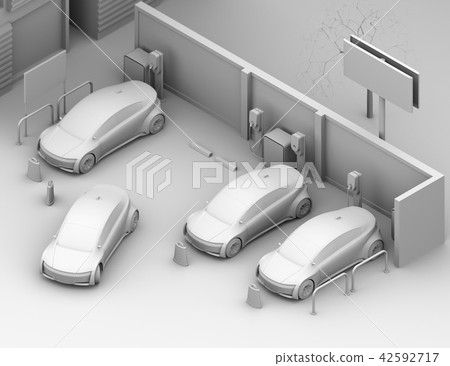 Isometric clay rendering image of the electric car charging the car sharing private parking lot 42592717