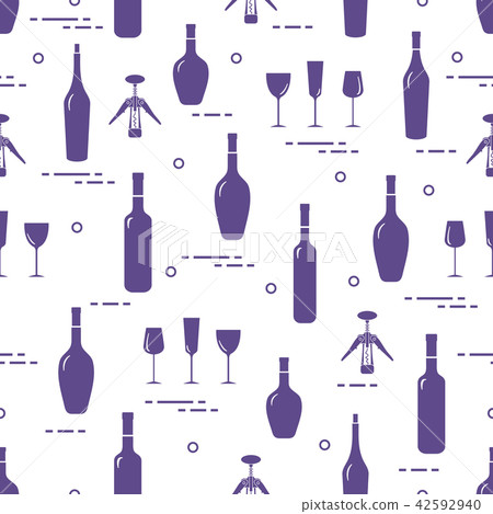 Pattern of wine glasses, bottles, corkscrew 42592940