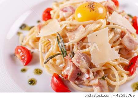 Spaghetti Carbonara. Italian Pasta on white plate with parmesan, ham and yolk 42595769