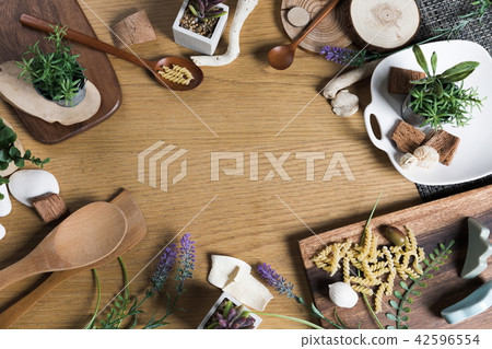 Baking or cooking background. Organic food, kitchenware. Top view with text space. 42596554