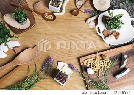 Baking or cooking background. Organic food, kitchenware. Top view with text space. 42596555