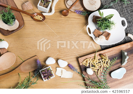 Baking or cooking background. Organic food, kitchenware. Top view with text space. 42596557