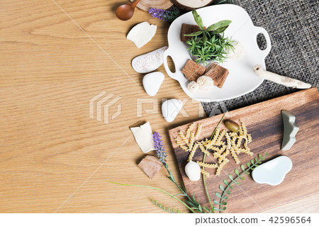 Baking or cooking background. Organic food, kitchenware. Top view with text space. 42596564