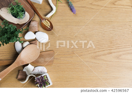 Baking or cooking background. Organic food, kitchenware. Top view with text space. 42596567
