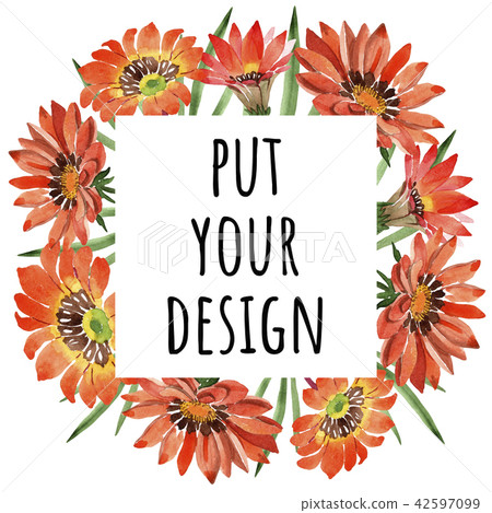 Watercolor orange gazania flowers. Floral botanical flower. Frame border ornament square. 42597099