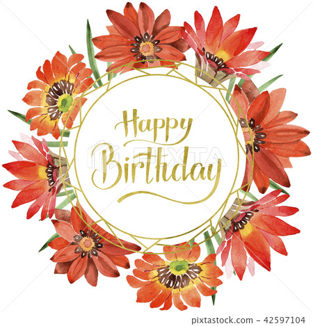 Watercolor orange gazania flowers. Floral botanical flower. Frame border ornament square. 42597104