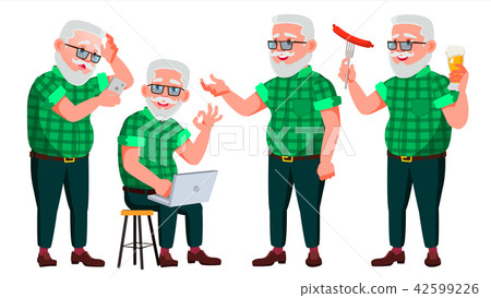 Old Man Poses Set Vector. Elderly People. Senior Person. Aged. Caucasian Retiree. Smile. Web, Poster 42599226