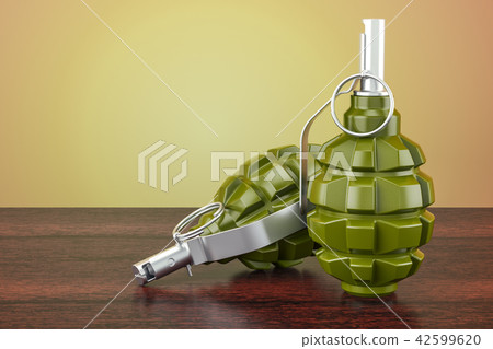 Hand grenades on the wooden table. 3D rendering 42599620
