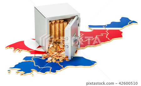 Safe box golden coins on the map of North Korea 42600510
