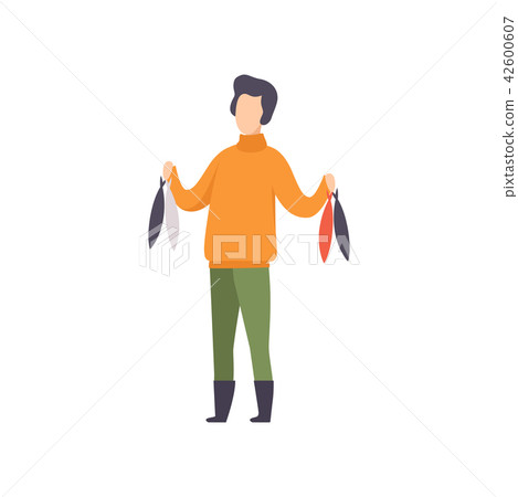 Fisherman standing with fish caught vector Illustration on a white background Fisherman standing with fish caught vector Illustration on a white background 42600607