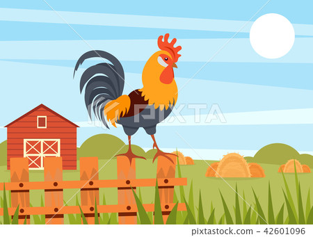 Rooster standing on wooden fence on the background of summer rural landscape and barn vector Rooster standing on wooden fence on the background of summer rural landscape and barn vector 42601096